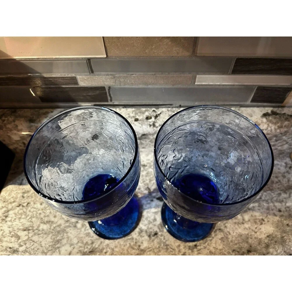 Libbey Glass Co Garden Vine Water Goblets Set Of 2 Cobalt Blue Stemmed Glasses